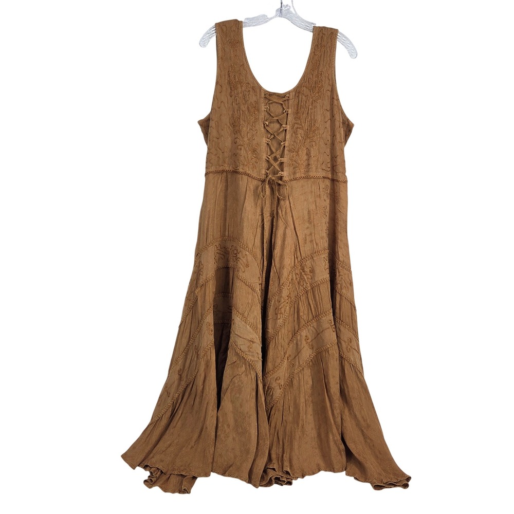Scully Maxi Dress XL Brown Lace Up Embroidered Boho Fairy Renaissance Dress